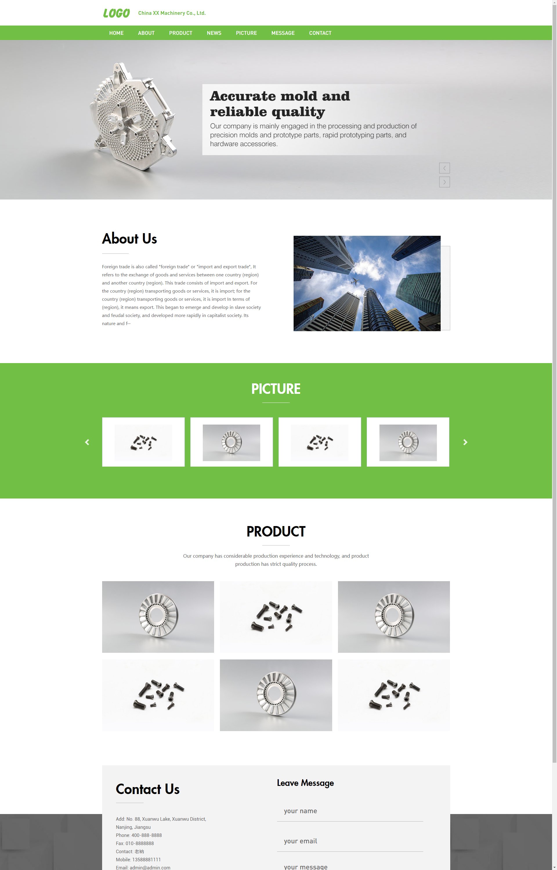 (自适应手机端)绿色五金零件英文外贸 精密模具零件加工类